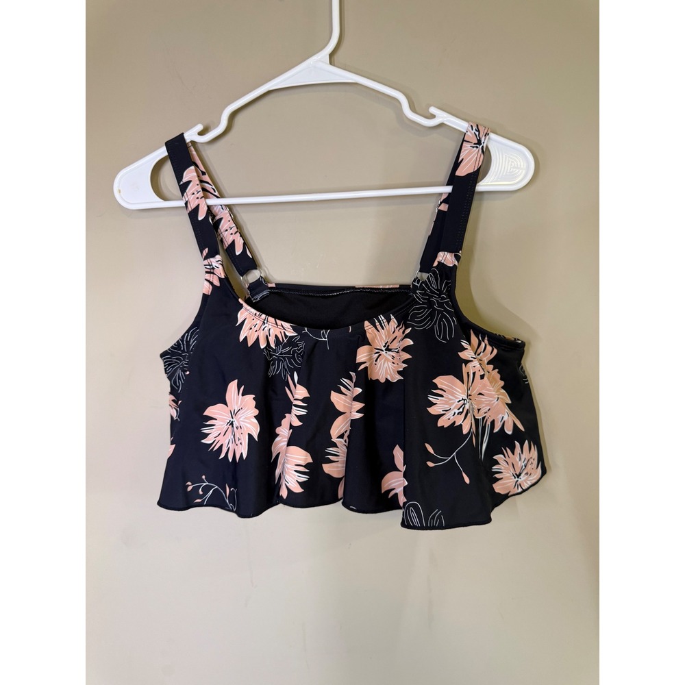 Meetcurve Floral Flounce Bikini Top Black Peach Lily Ruffle Swim Crop Medium